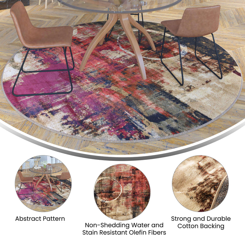 8' Round |#| Modern Round Abstract Design Area Rug in Warm Beige, Green, and Red - 8' x 8'