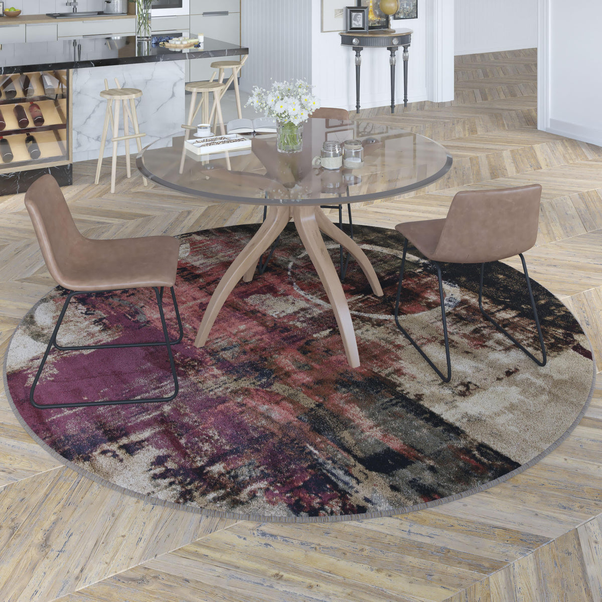 8' Round |#| Modern Round Abstract Design Area Rug in Warm Beige, Green, and Red - 8' x 8'