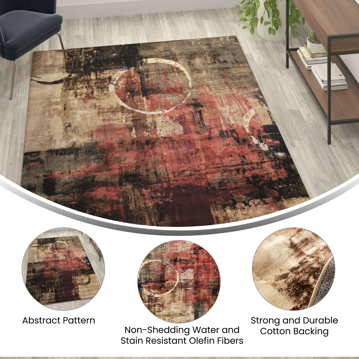 6' x 9' |#| Modern Round Abstract Design Area Rug in Warm Beige, Green, and Red - 6' x 9'