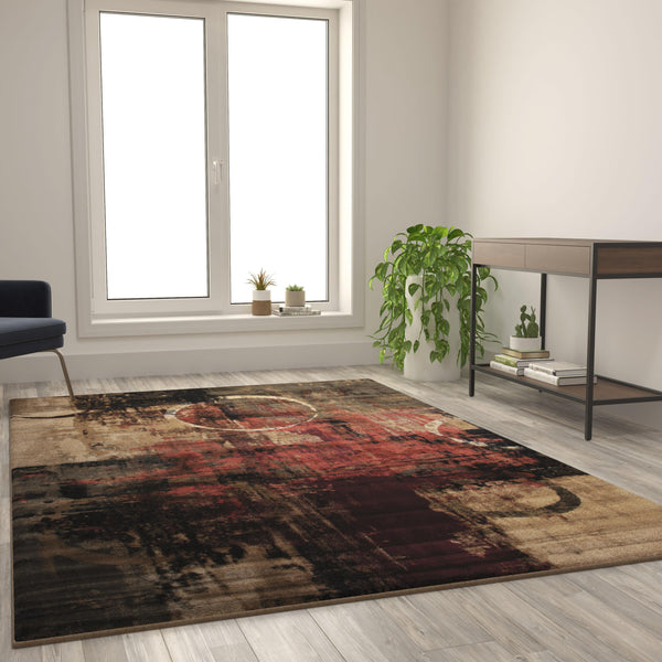 6' x 9' |#| Modern Round Abstract Design Area Rug in Warm Beige, Green, and Red - 6' x 9'