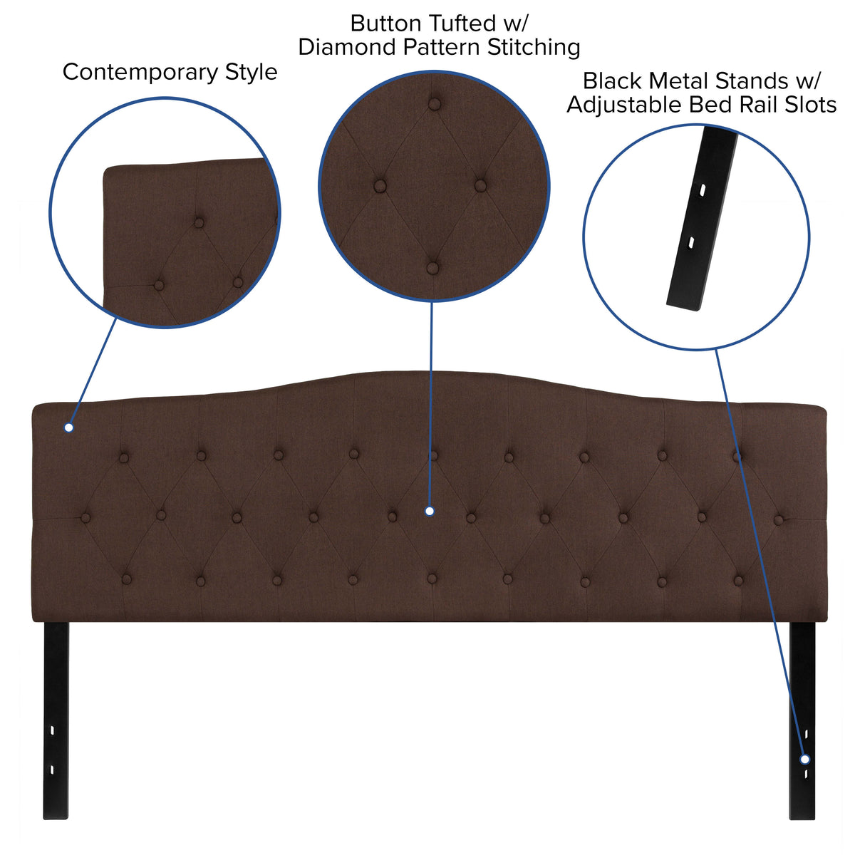 Dark Brown,King |#| Arched Button Tufted Upholstered King Size Headboard in Dark Brown Fabric