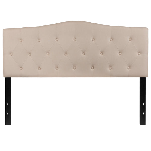Beige,Queen |#| Arched Button Tufted Upholstered Queen Size Headboard in Beige Fabric
