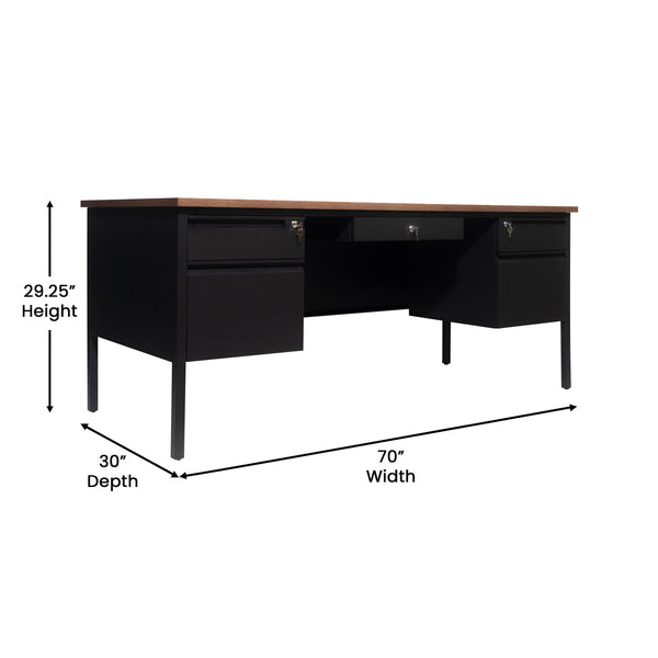 Walnut |#| Commercial Double Pedestal Desk with 5 Locking Drawers in Walnut-50x70