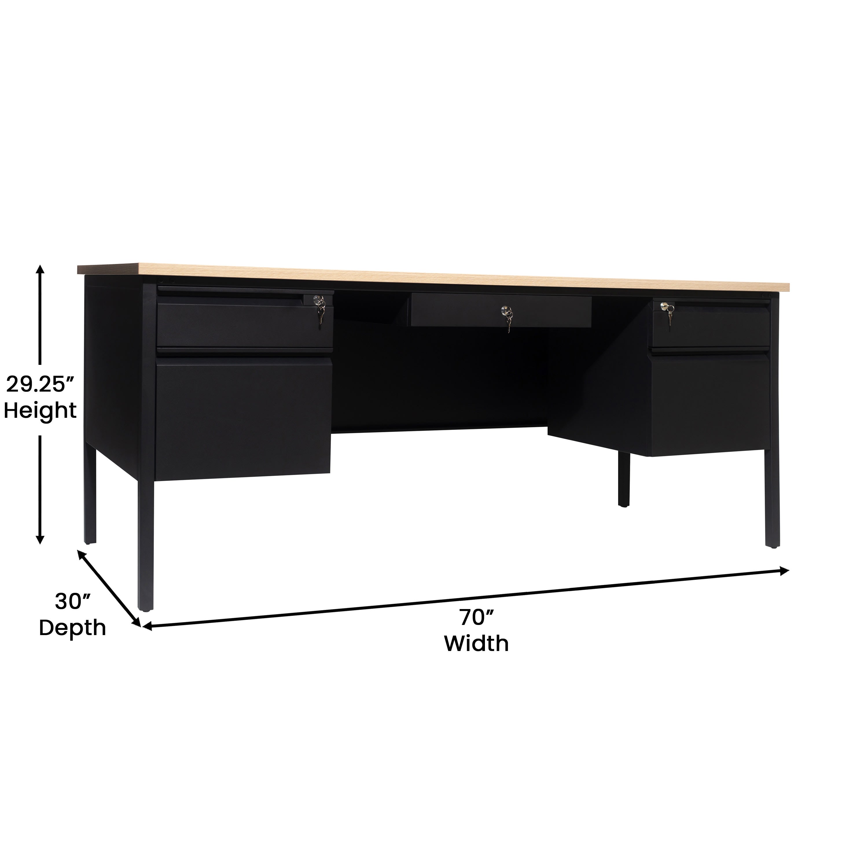 Flash Furniture Cambridge Commercial Grade Double Pedestal 70 W x 30 D Desk with Locking Drawers and Metal Frame White Oak