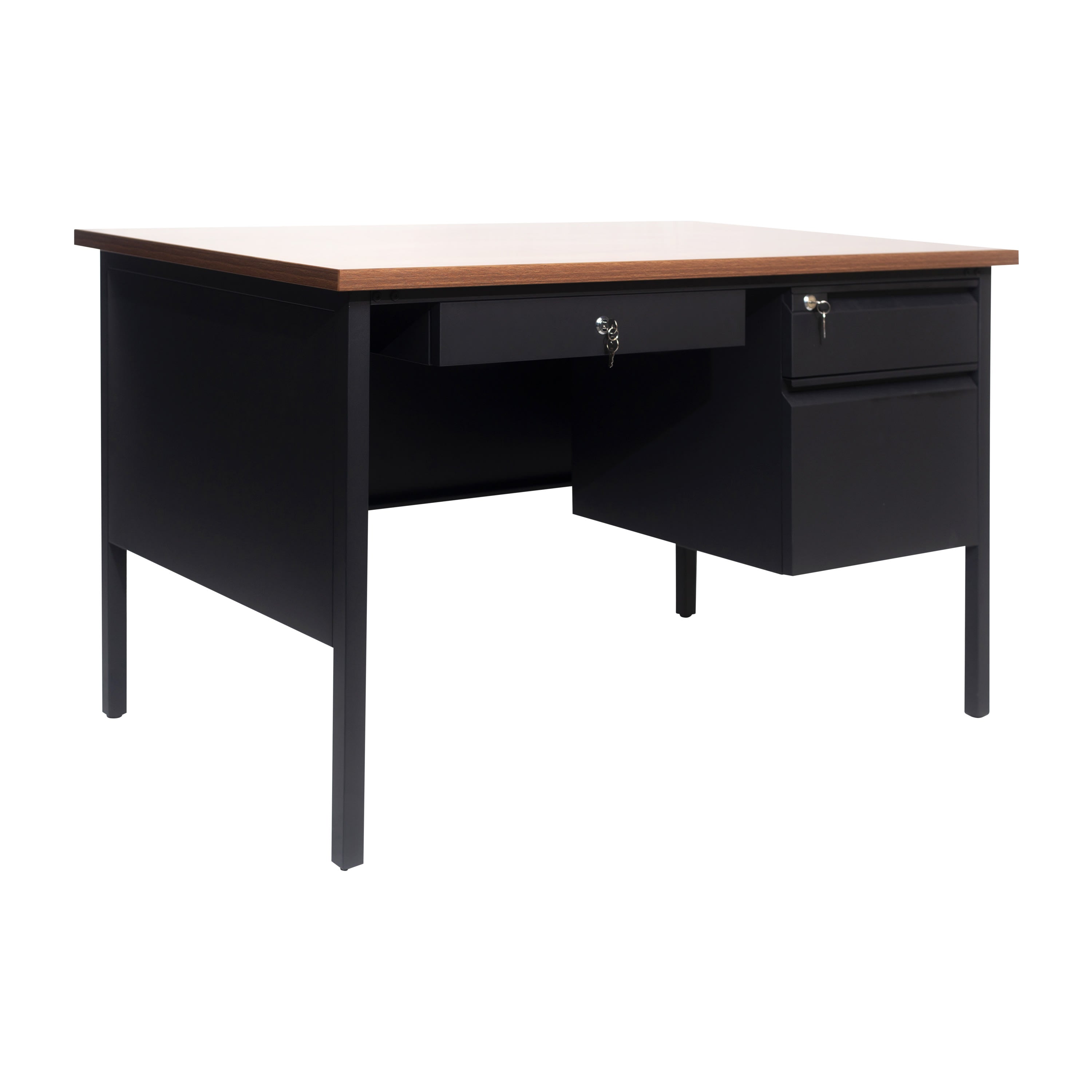 Flash Furniture Cambridge Commercial Grade Single Pedestal 47.75 W x 30 D Desk with Locking Drawers and Metal Frame Walnut