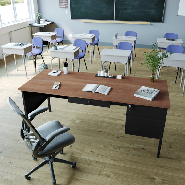 Walnut |#| Commercial Right Side Single Pedestal Desk-3 Locking Drawers in Walnut-30x70