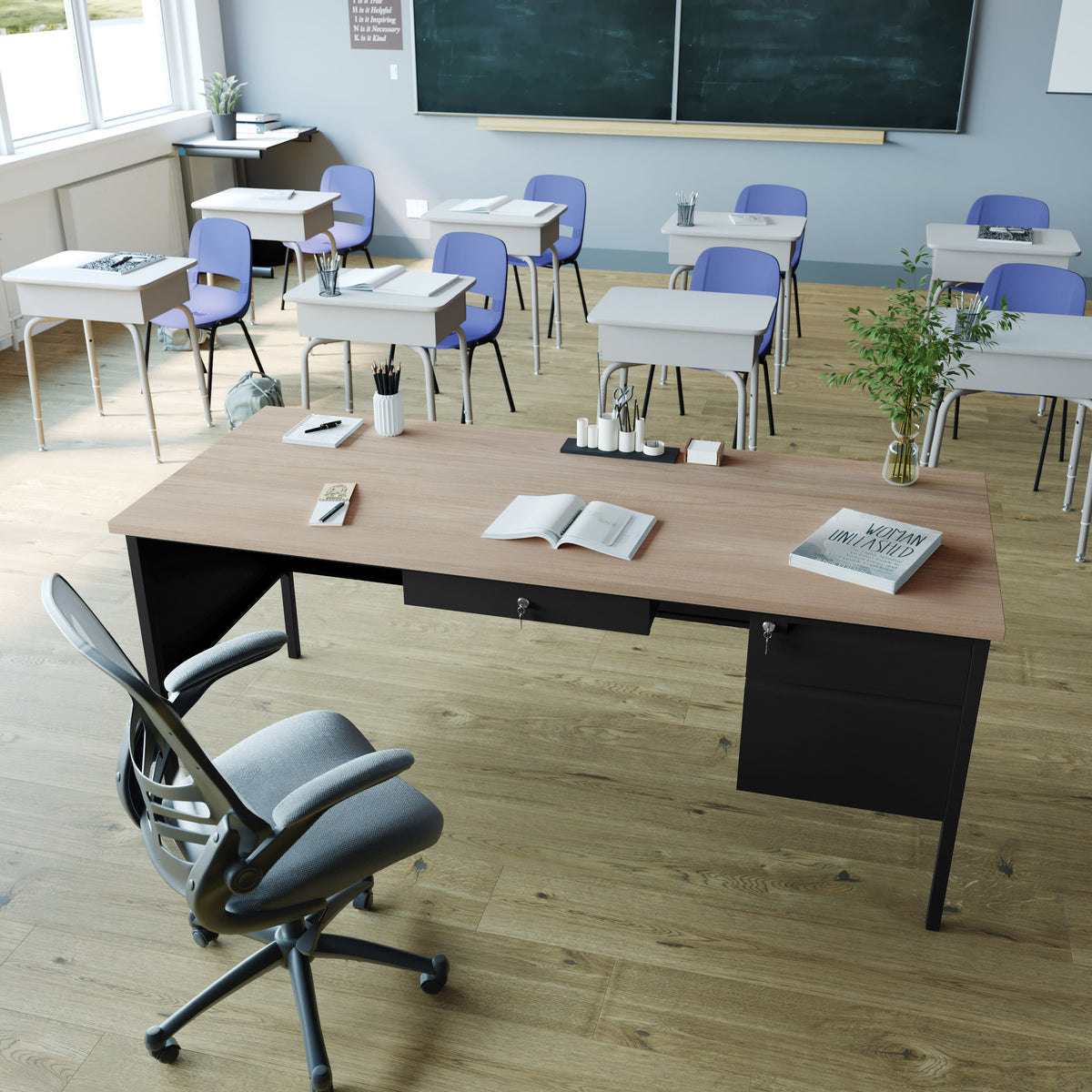 White Oak |#| Commercial Right Side Single Pedestal Desk-3 Locking Drawers in White Oak-30x70