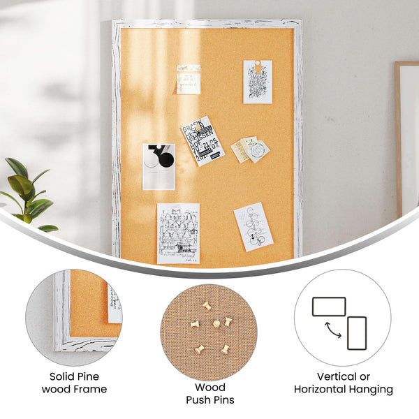 White Washed,24inchW x 36inchH |#| Commercial 24x36 Wall Mount Cork Board with Wooden Push Pins - Whitewashed