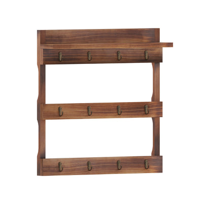Campbell Wooden Wall Mount Mug Rack Organizer with Upper Storage Shelf and Metal Hanging Hooks with No Assembly Required