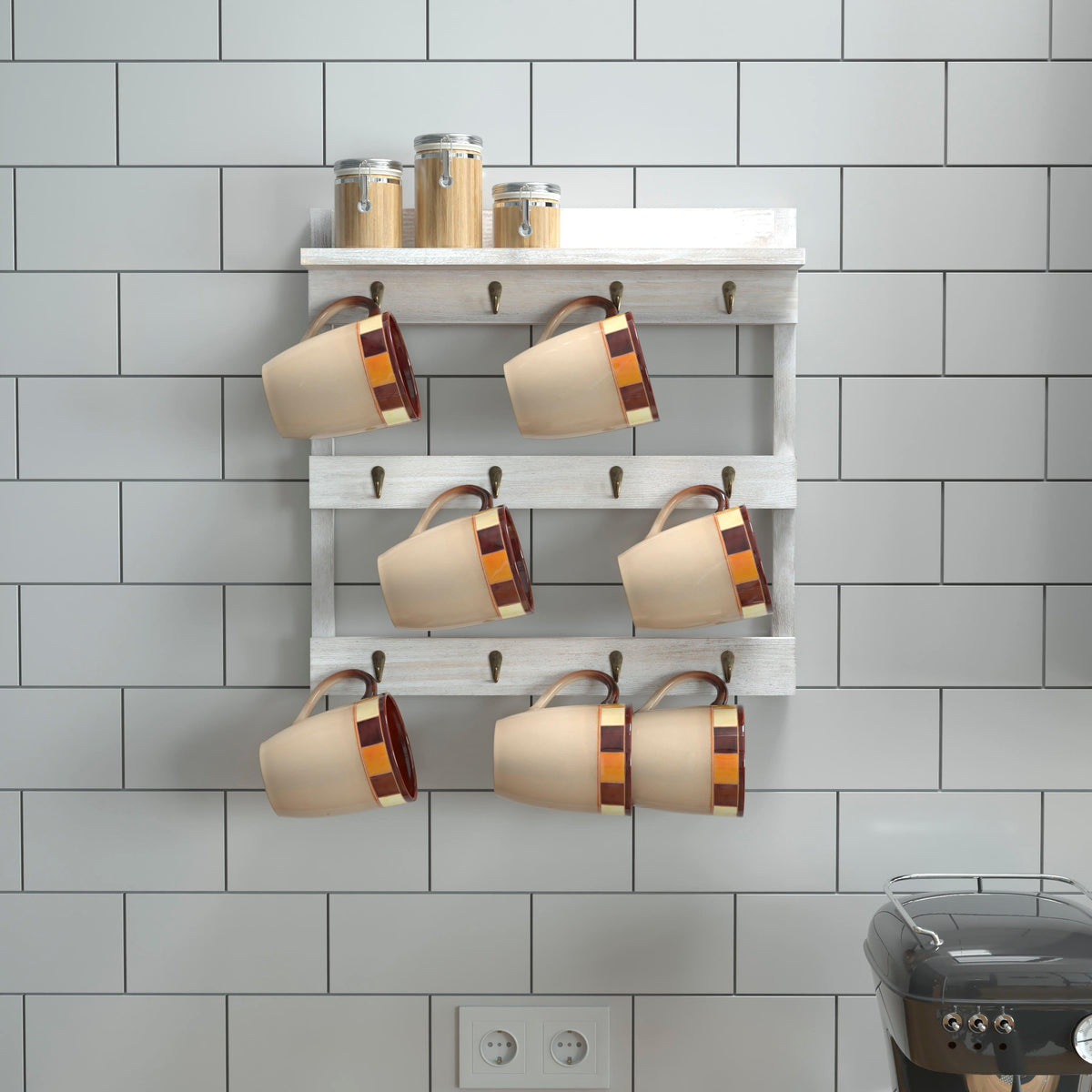 White Wash |#| 12 Cup Wall Mount Coffee Mug Rack with Upper Storage Shelf - Whitewashed