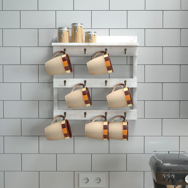 White Wash |#| 12 Cup Wall Mount Coffee Mug Rack with Upper Storage Shelf - Whitewashed