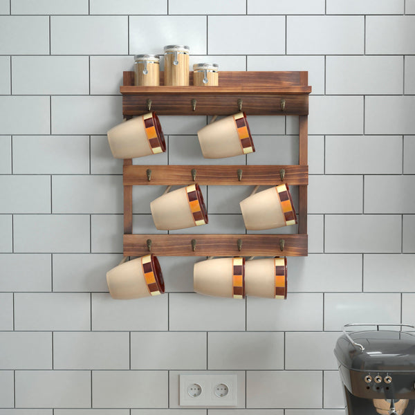Rustic Brown |#| 12 Cup Wall Mount Coffee Mug Rack with Upper Storage Shelf - Rustic Brown