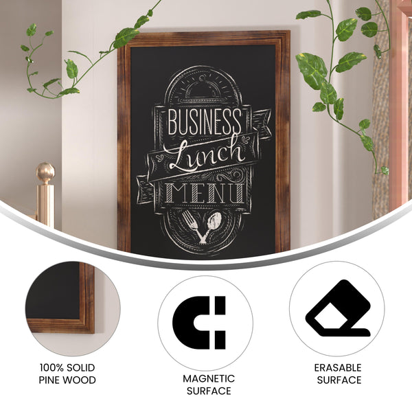 Torched Brown,24inchW x 0.75inchD x 36inchH |#| 24inch x 36inch Wall Mounted Magnetic Chalkboard with Wooden Frame - Torched Wood