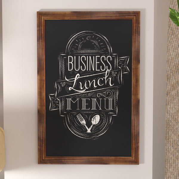 Torched Brown,24inchW x 0.75inchD x 36inchH |#| 24inch x 36inch Wall Mounted Magnetic Chalkboard with Wooden Frame - Torched Wood