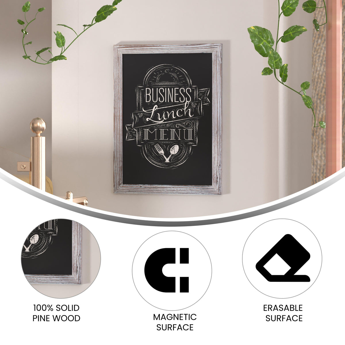 White Washed,18inchW x 0.75inchD x 24inchH |#| 18inch x 24inch Wall Mounted Magnetic Chalkboard with Wooden Frame - Whitewashed