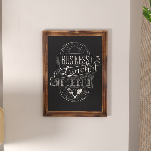 Torched Brown,18inchW x 0.75inchD x 24inchH |#| 18inch x 24inch Wall Mounted Magnetic Chalkboard with Wooden Frame - Torched Wood