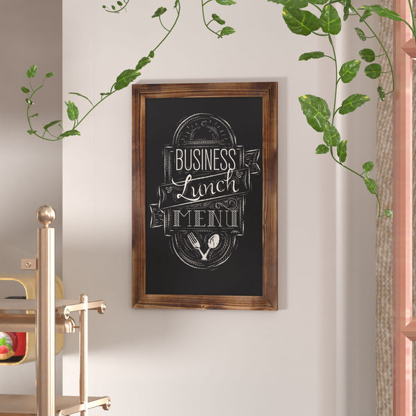 Torched Brown,20inchW x 0.75inchD x 30inchH |#| 20inch x 30inch Wall Mounted Magnetic Chalkboard with Wooden Frame - Torched Wood