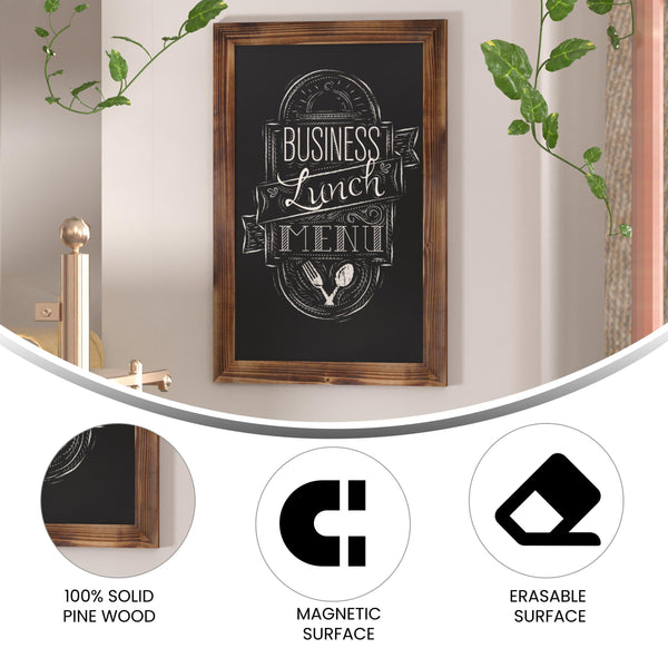 Torched Brown,20inchW x 0.75inchD x 30inchH |#| 20inch x 30inch Wall Mounted Magnetic Chalkboard with Wooden Frame - Torched Wood