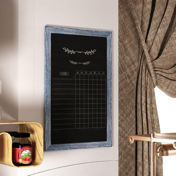 Blue,24inchW x 0.75inchD x 36inchH |#| 24inch x 36inch Wall Mounted Magnetic Chalkboard with Wooden Frame - Rustic Blue