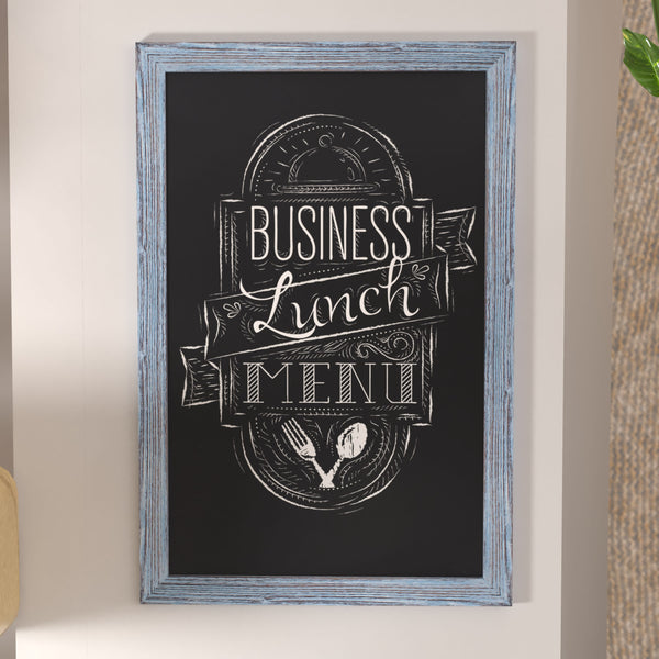 Blue,24inchW x 0.75inchD x 36inchH |#| 24inch x 36inch Wall Mounted Magnetic Chalkboard with Wooden Frame - Rustic Blue