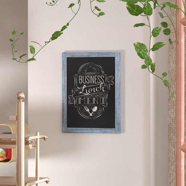 Rustic Blue,18inchW x 0.75inchD x 24inchH |#| 18inch x 24inch Wall Mounted Magnetic Chalkboard with Wooden Frame - Rustic Blue