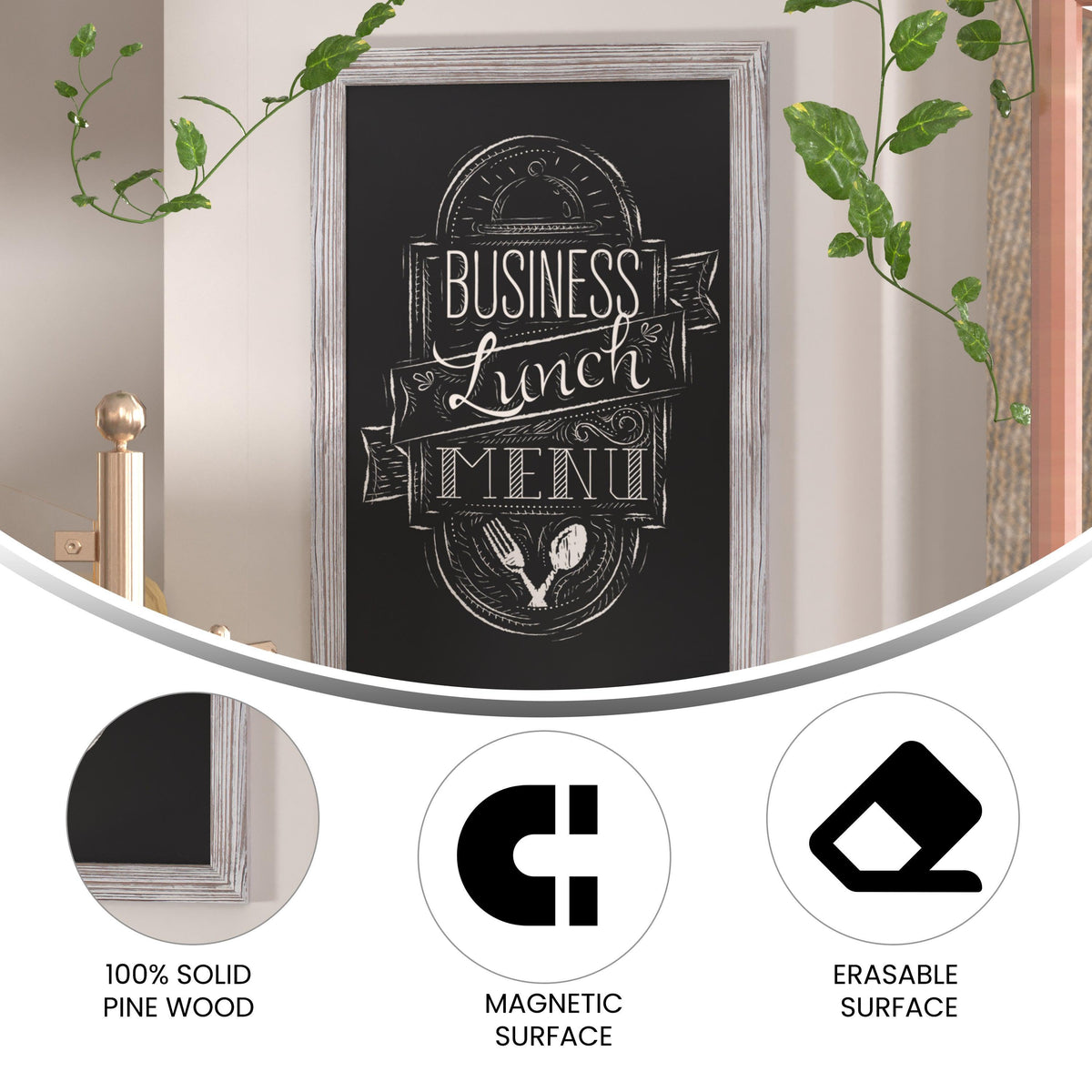 White Washed,24inchW x 0.75inchD x 36inchH |#| 24inch x 36inch Wall Mounted Magnetic Chalkboard with Wooden Frame - Whitewashed