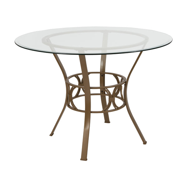 Clear Top/Matte Gold Frame |#| 42inch Round Glass Dining Table with Crescent Style Matte Gold Metal Frame