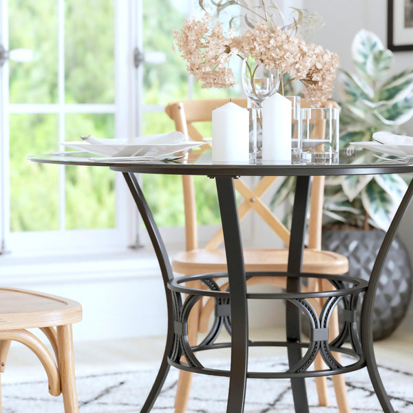 Clear Top/Black Frame |#| 42inch Round Glass Dining Table with Black Metal Frame