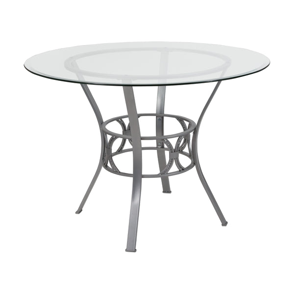 Clear Top/Silver Frame |#| 42inch Round Glass Dining Table with Crescent Style Silver Metal Frame