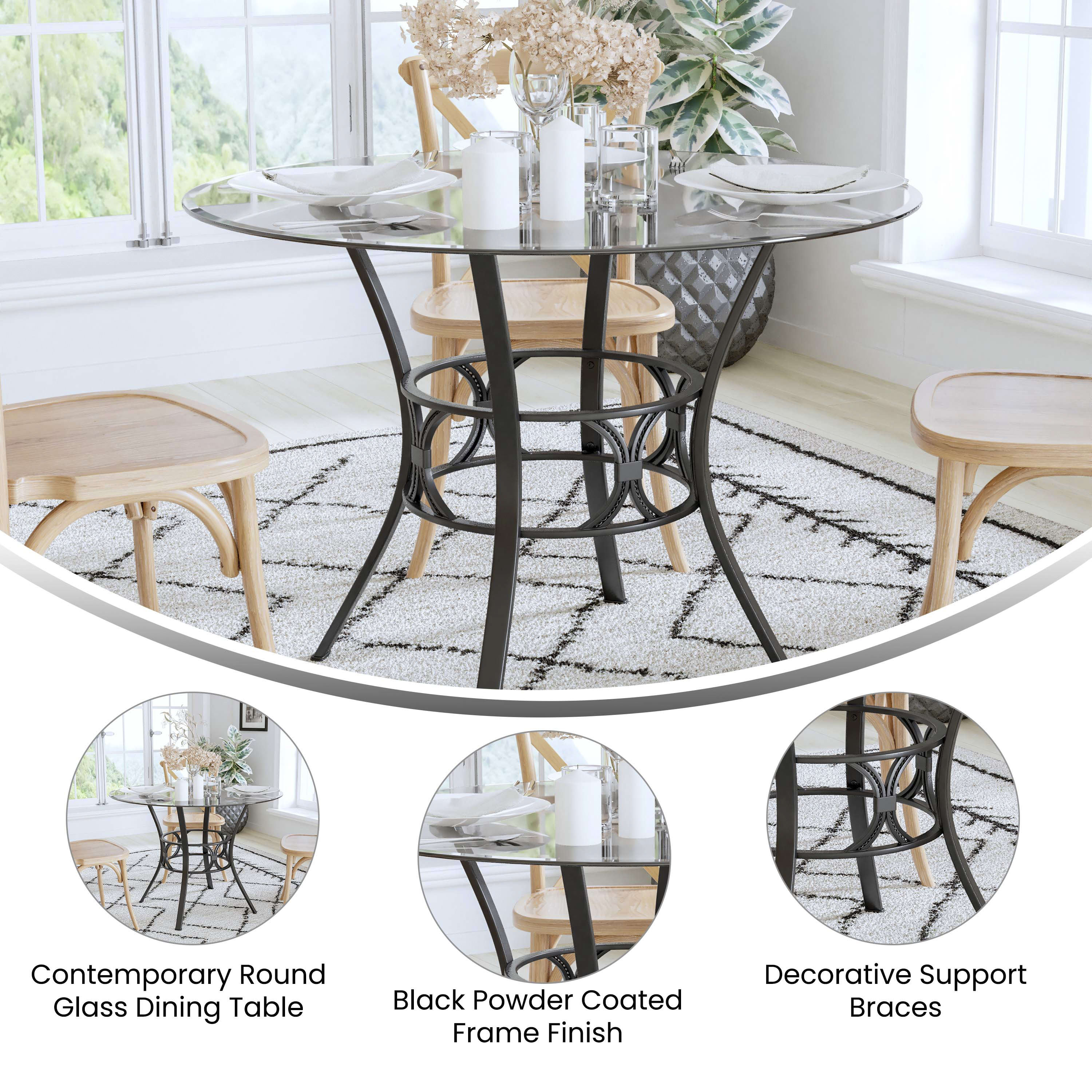 Carlisle 42 Round Glass Dining Table with Crescent Style Metal Frame