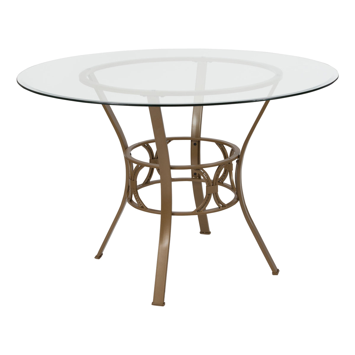 Clear Top/Matte Gold Frame |#| 45inch Round Glass Dining Table with Crescent Style Matte Gold Metal Frame
