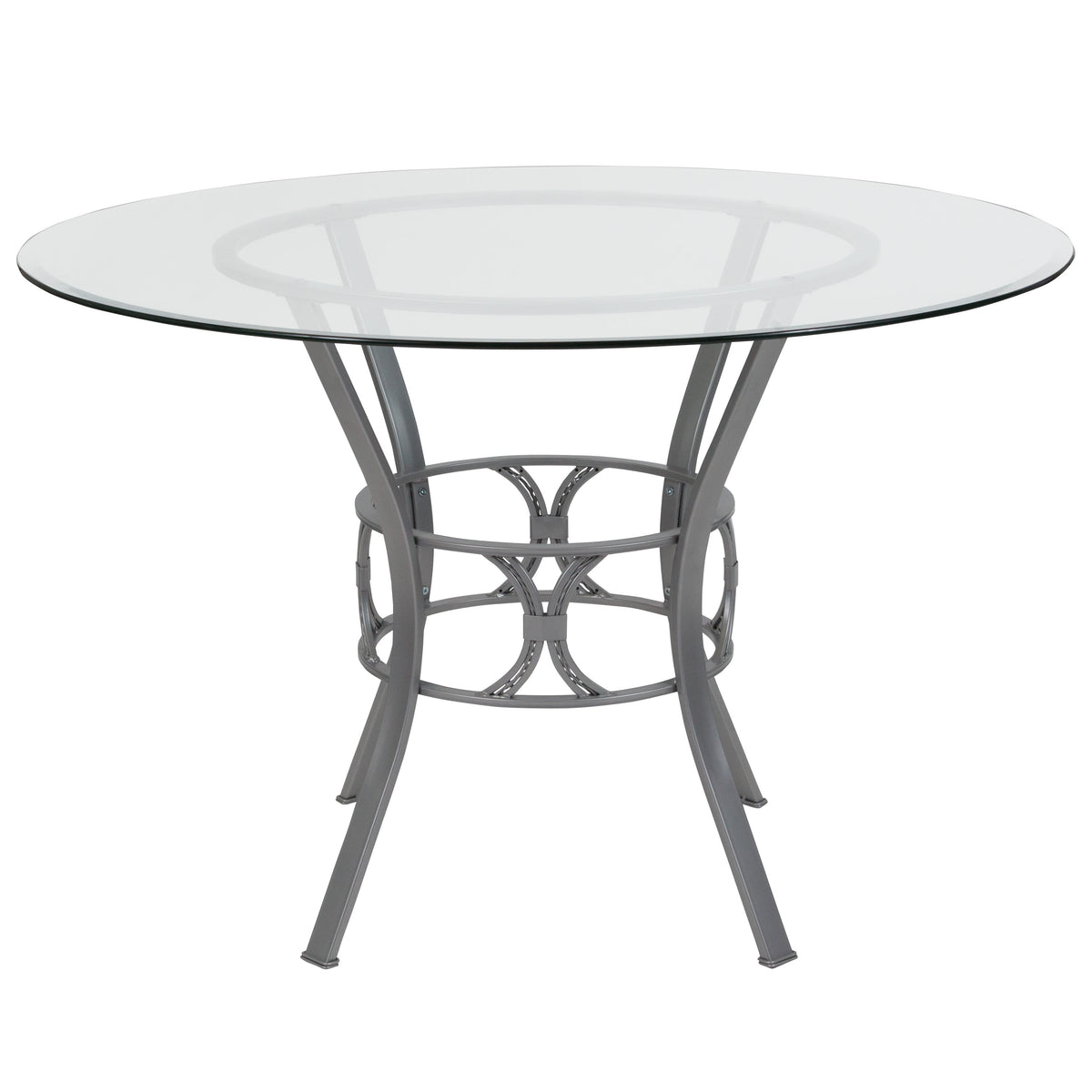 Clear Top/Silver Frame |#| 45inch Round Glass Dining Table with Crescent Style Silver Metal Frame
