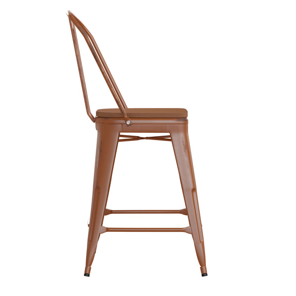 Orange/Teak |#| All-Weather Counter Height Stool with Poly Resin Seat - Orange/Teak