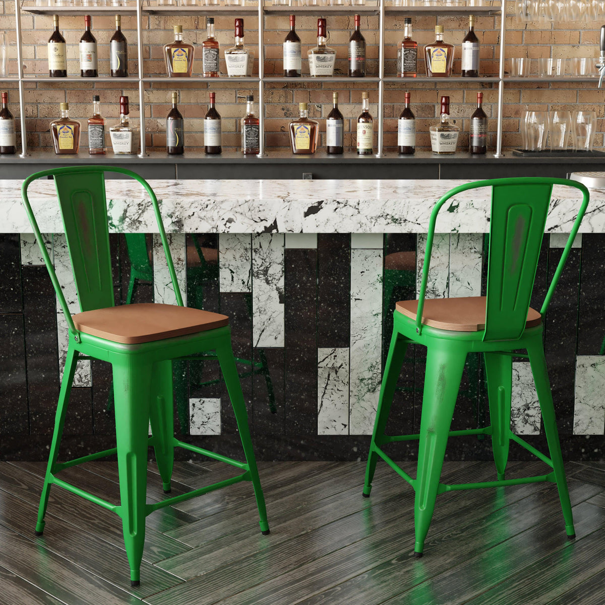 Green/Teak |#| All-Weather Counter Height Stool with Poly Resin Seat - Green/Teak