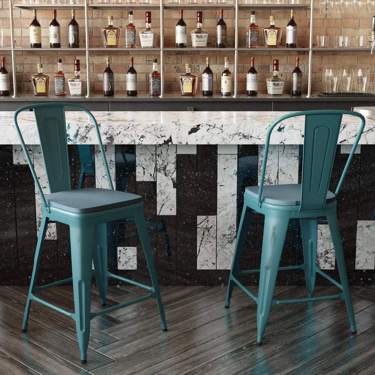 Kelly Blue-Teal/Teal-Blue |#| All-Weather Counter Height Stool with Poly Resin Seat - Kelly-Blue Teal/Teal