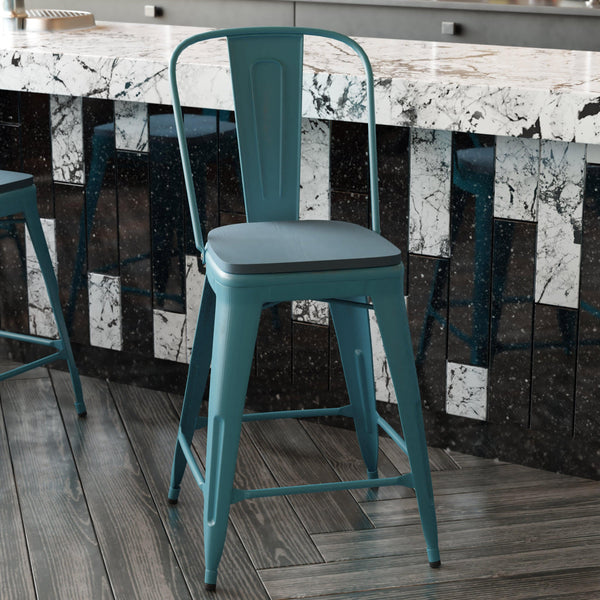 Kelly Blue-Teal/Teal-Blue |#| All-Weather Counter Height Stool with Poly Resin Seat - Kelly-Blue Teal/Teal