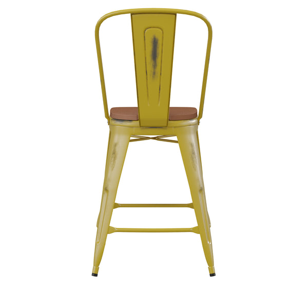 Yellow/Teak |#| All-Weather Counter Height Stool with Poly Resin Seat - Yellow/Teak