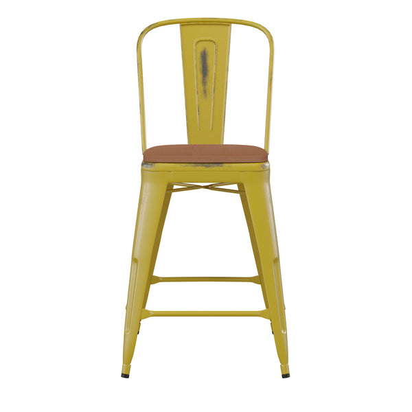 Yellow/Teak |#| All-Weather Counter Height Stool with Poly Resin Seat - Yellow/Teak