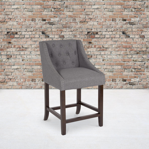 Dark Gray Fabric |#| 24inch High Walnut Counter Height Stool with Accent Nail Trim in Dark Gray Fabric