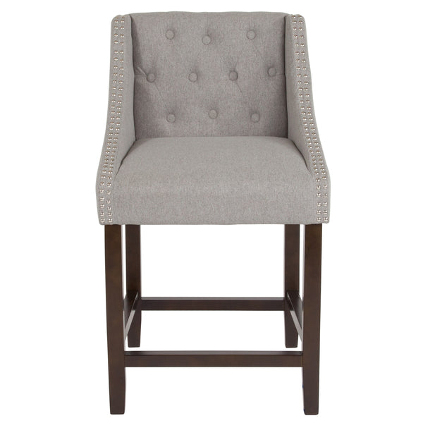 Light Gray Fabric |#| 24inch High Walnut Counter Height Stool with Accent Nail Trim in Light Gray Fabric