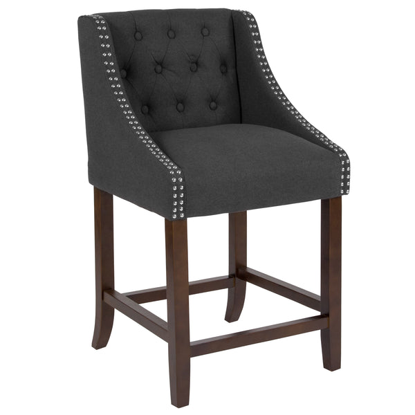 Charcoal Fabric |#| 24inch High Walnut Counter Height Stool with Accent Nail Trim in Charcoal Fabric