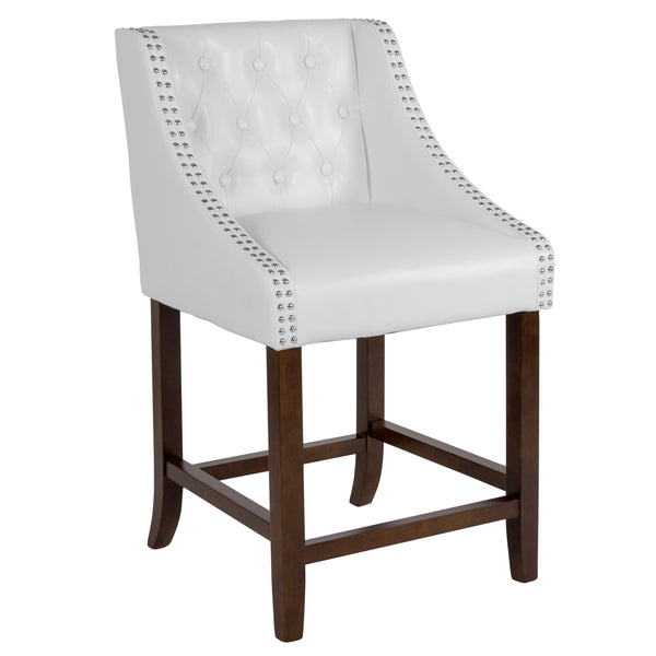 White LeatherSoft |#| 24inch High Walnut Counter Height Stool with Accent Nail Trim in White LeatherSoft