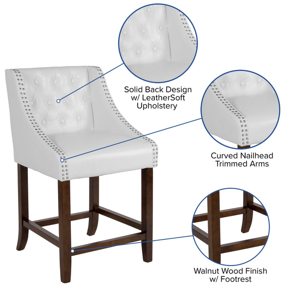 White LeatherSoft |#| 24inch High Walnut Counter Height Stool with Accent Nail Trim in White LeatherSoft