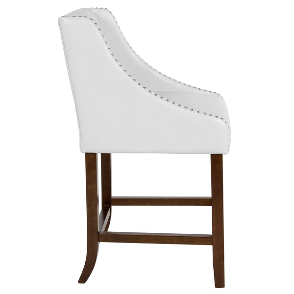 White LeatherSoft |#| 24inch High Walnut Counter Height Stool with Accent Nail Trim in White LeatherSoft