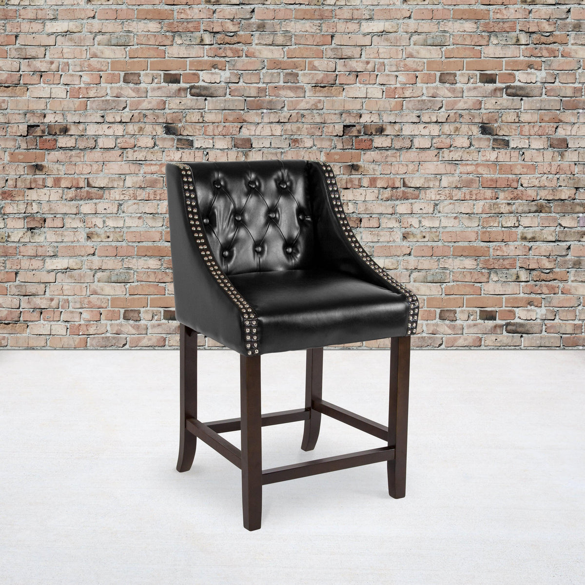 Black LeatherSoft |#| 24inch High Walnut Counter Height Stool with Accent Nail Trim in Black LeatherSoft