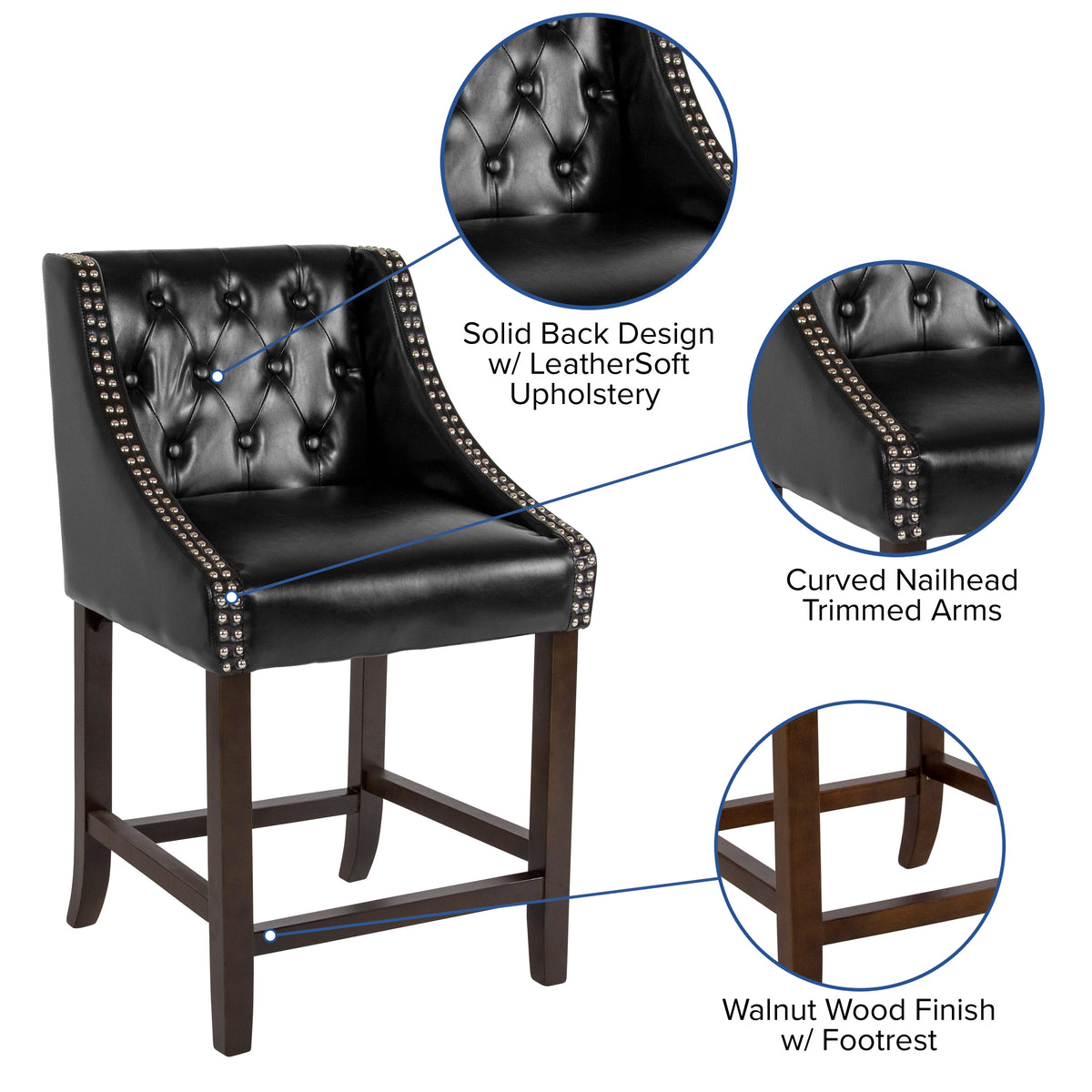 Black LeatherSoft |#| 24inch High Walnut Counter Height Stool with Accent Nail Trim in Black LeatherSoft