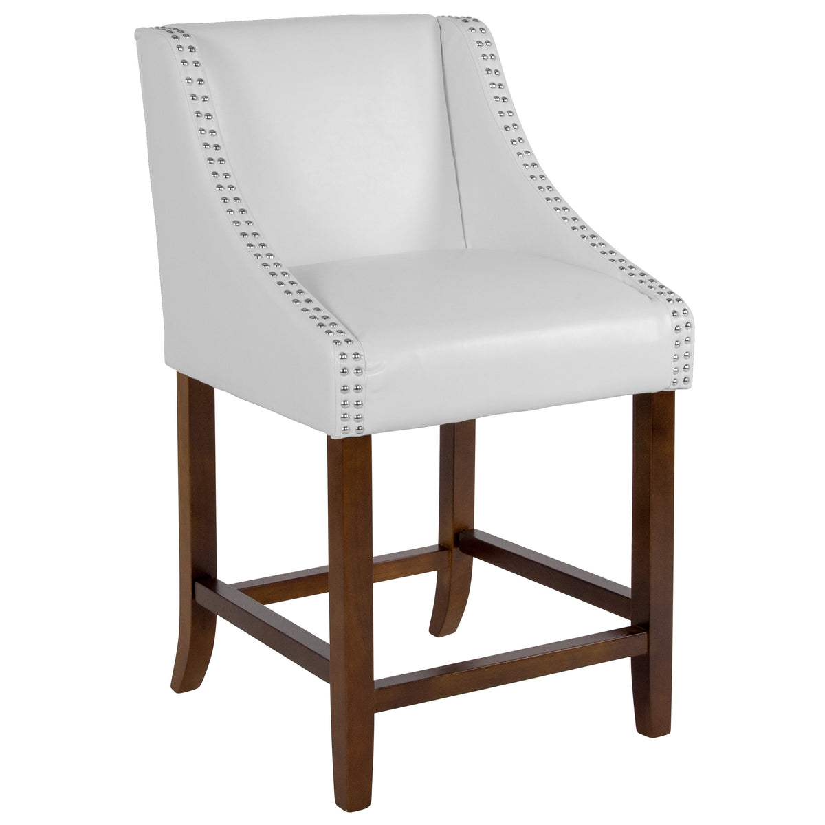 White LeatherSoft |#| 24inchH Walnut Counter Stool with Accent Nail Trim - White LeatherSoft