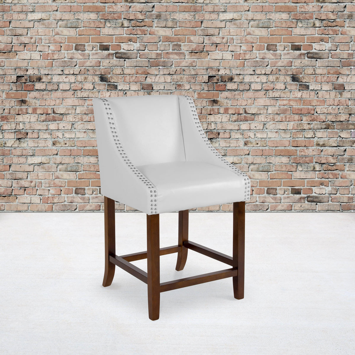 White LeatherSoft |#| 24inchH Walnut Counter Stool with Accent Nail Trim - White LeatherSoft
