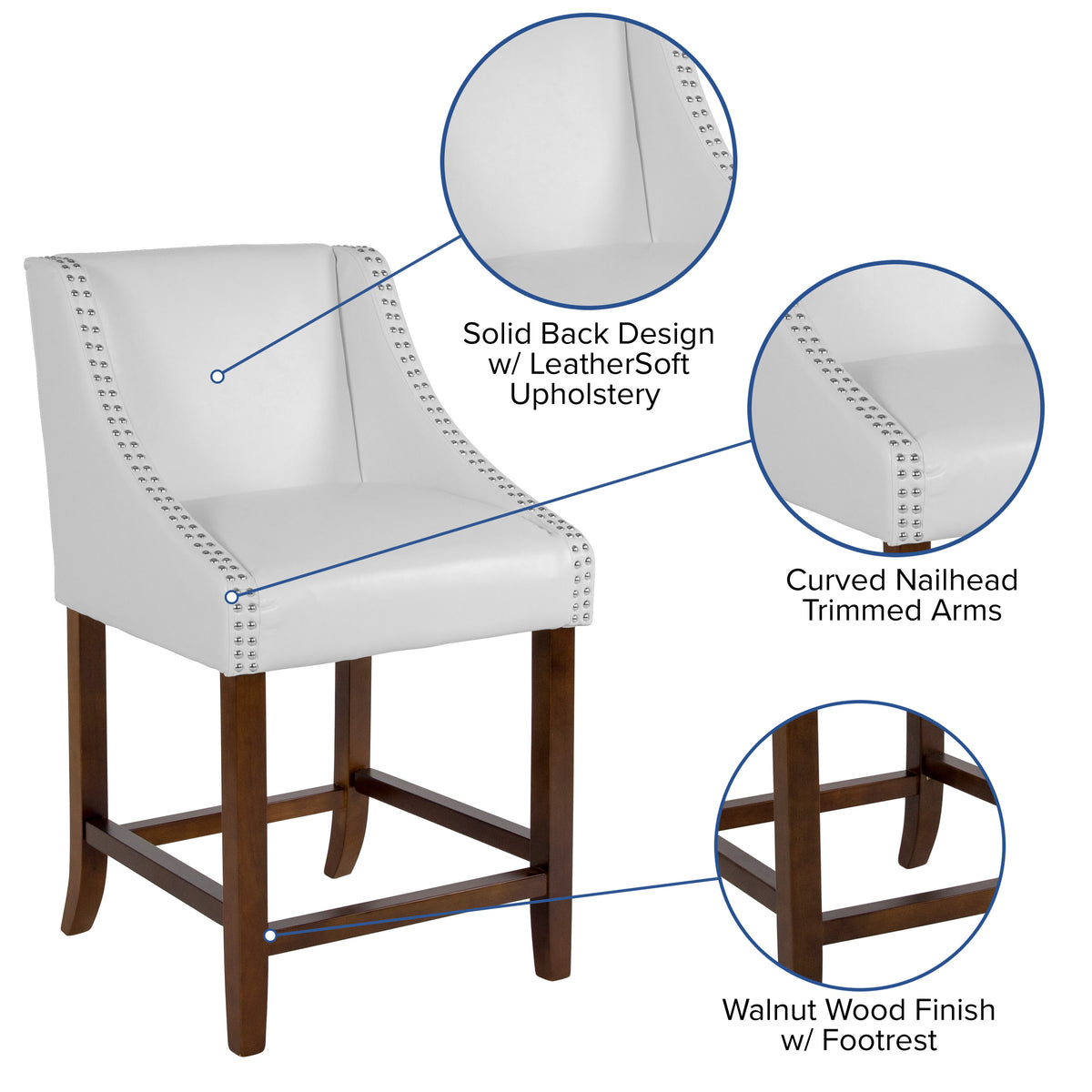 White LeatherSoft |#| 24inchH Walnut Counter Stool with Accent Nail Trim - White LeatherSoft