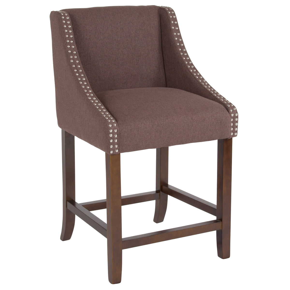 Brown Fabric |#| 24inchH Walnut Counter Stool with Accent Nail Trim - Brown Fabric